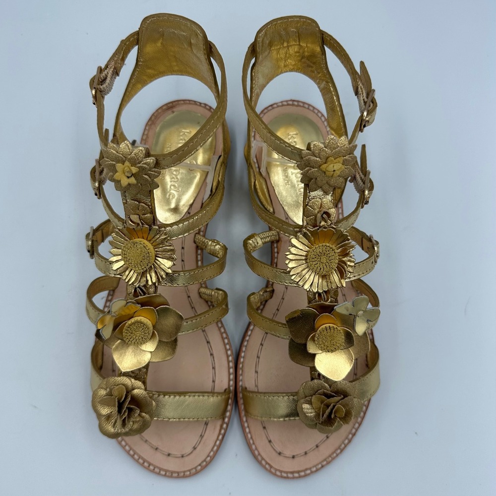 Kate Spade Sadia Gold Floral Sandals Metallic Nappa Strappy 5M NIB chic